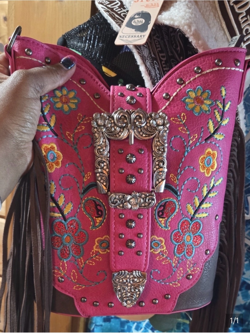 Montana West Pink Floral Embroidered Crossbody Bag with Brown Fringe
